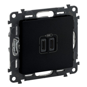 Legrand Valena LIFE Black. Зарядное устройство с двумя USB-разьемами тип C-тип С 240В/5В 3000мА. С лицевой панелью. Цвет Антрацит..