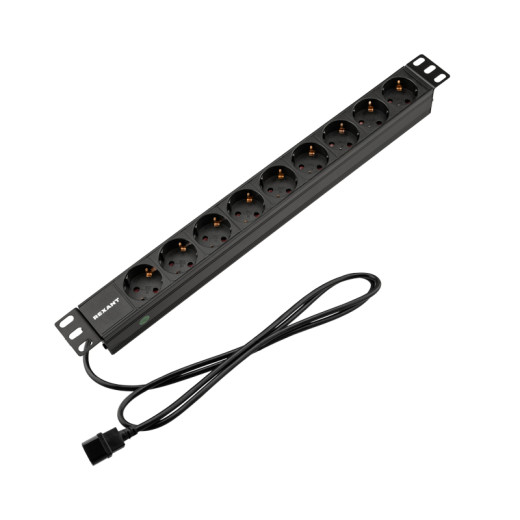 Блок распределения питания PDU горизонтальный 1U 9 розеток СЕЕ 7/4 Schuko 10A без выкл алюм корп шнур 2м вилка C14 черный REXANT