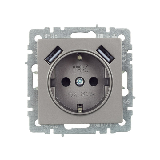 BRITE Роз. с з/к/ш 16А с USB A+A 3,1А РЮш10-2-БрС сталь IEK