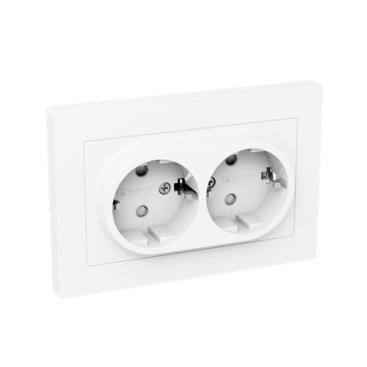 Механизм розетки двойной, 16А, с заземлением, со шторками, с рамкой, белый Эпика EKF