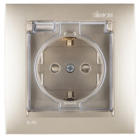 Simon 15 Шампань Розетка с/з, со шторками, с крышкой, IP44, 16А, 250В, винт.зажим
