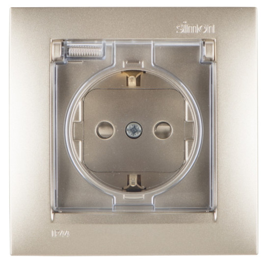 Simon 15 Шампань Розетка 2Р+Е Schuko, со шторками, с крышкой, IP44, 16А, 250В, винт.заж.