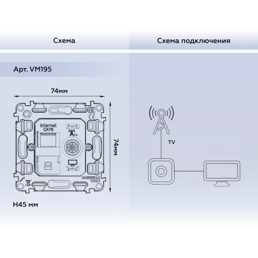 VM195 Механизм розетки компьютерной + TV оконечной RJ-45 (8P8C) CAT6/50-870 MHz 1dB с автоматической защитной шторкой QUANT