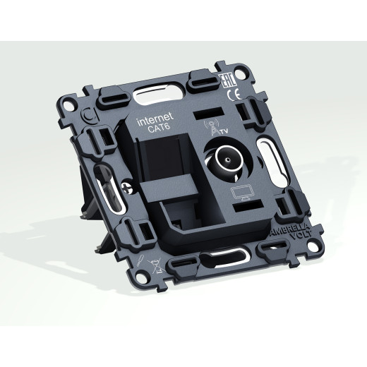 VM195 Механизм розетки компьютерной + TV оконечной RJ-45 (8P8C) CAT6/50-870 MHz 1dB с автоматической защитной шторкой QUANT