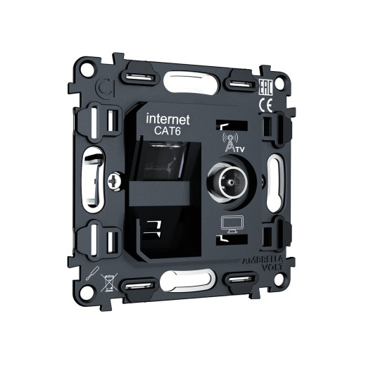 VM195 Механизм розетки компьютерной + TV оконечной RJ-45 (8P8C) CAT6/50-870 MHz 1dB с автоматической защитной шторкой QUANT