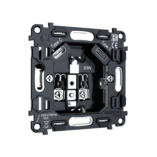 VM165 Механизм электрической розетки 2USB С+C 20W (быстрая зарядка) с/з на винтовых зажимах 16A-250V QUANT