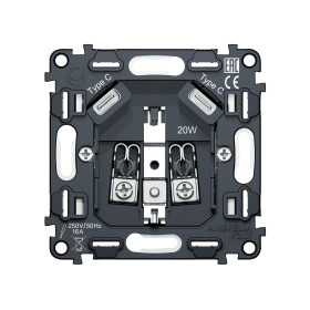 VM165 Механизм электрической розетки 2USB С+C 20W (быстрая зарядка) с/з на винтовых зажимах 16A-250V QUANT