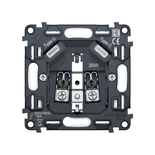 VM165 Механизм электрической розетки 2USB С+C 20W (быстрая зарядка) с/з на винтовых зажимах 16A-250V QUANT