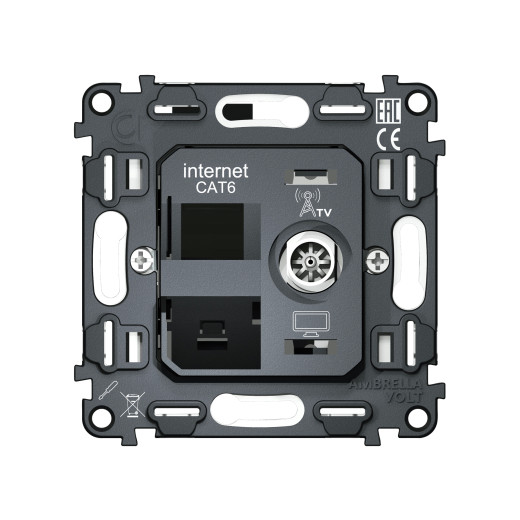 VM195 Механизм розетки компьютерной + TV оконечной RJ-45 (8P8C) CAT6/50-870 MHz 1dB с автоматической защитной шторкой QUANT