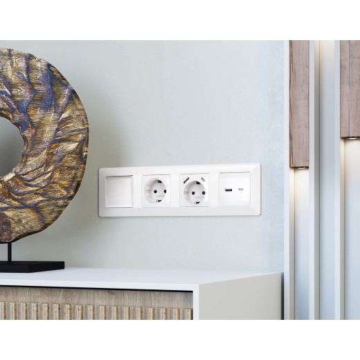 MA111010 Комплект механизма розетки ALFA Белый глянец 2USB A+C 20W (быстрая зарядка) QUANT