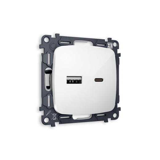 MO111010 Комплект механизма розетки OMEGA Белый глянец 2USB A+C 20W (быстрая зарядка) QUANT (OP1110, VM177)