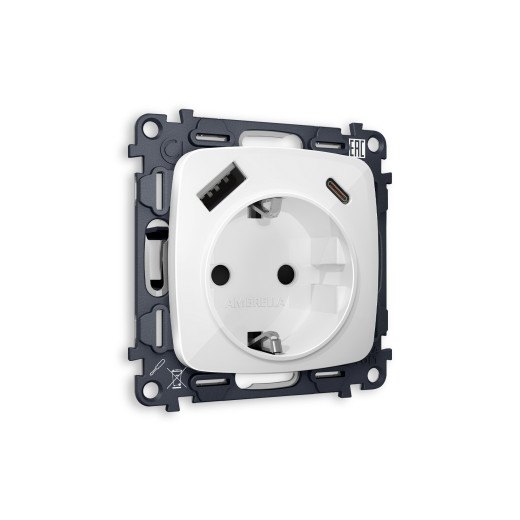 MO110010 Комплект механизма электрической розетки OMEGA Белый глянец 2USB A+C 20W (быстрая зарядка) с/з QUANT (OP1100, VM160)