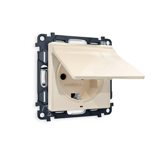 MA308010 Комплект механизма электрической розетки ALFA Бежевый глянец с/з с шторками и крышкой IP44 QUANT (AP3080, VM141)