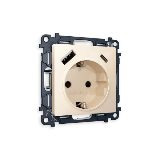 MA310010 Комплект механизма электрической розетки ALFA Бежевый глянец 2USB A+C 20W (быстрая зарядка) с/з QUANT (AP3100, VM160)