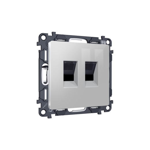 MA412110 Комплект механизма компьютерной двойной розетки RJ-45 (8P8C) CAT6 с автоматической защитной шторкой ALFA Серебро глянец QUANT (AP4121, VM189)