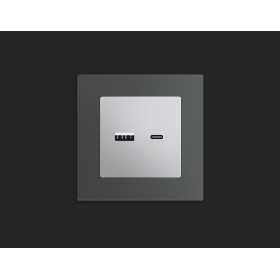 MA411010 Комплект механизма розетки ALFA Серебро глянец 2USB A+C 20W (быстрая зарядка) QUANT (AP4110, VM177)