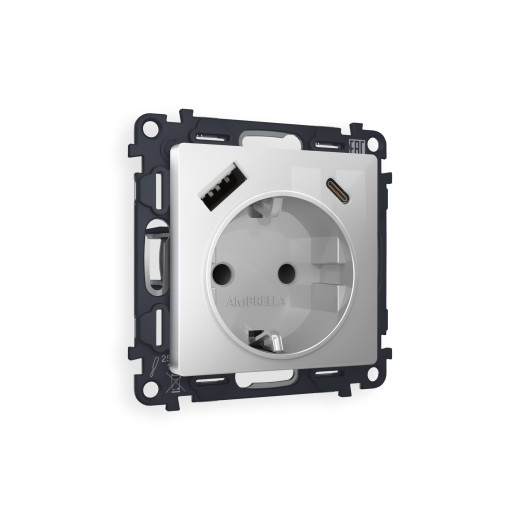 MA410010 Комплект механизма электрической розетки ALFA Серебро глянец 2USB A+C 20W (быстрая зарядка) с/з QUANT (AP4100, VM160)