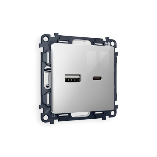 MA411010 Комплект механизма розетки ALFA Серебро глянец 2USB A+C 20W (быстрая зарядка) QUANT (AP4110, VM177)