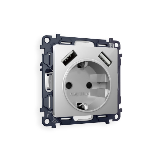 MA409010 Комплект механизма электрической розетки ALFA Серебро глянец 2USB A+A 18W (быстрая зарядка) с/з QUANT (AP4090, VM155)