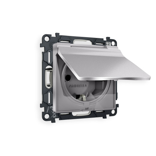 MA508010 Комплект механизма электрической розетки ALFA Сталь матовый  с/з с шторками и крышкой IP44 QUANT (AP5080, VM141)