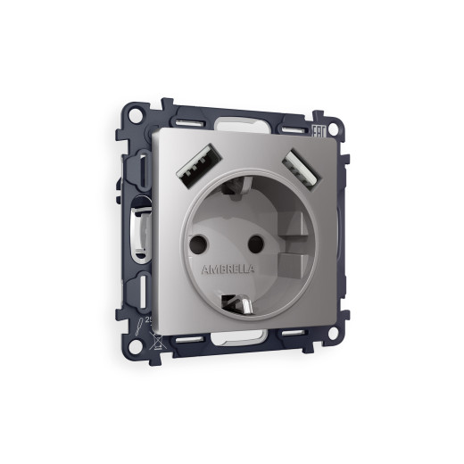 MA509010 Комплект механизма электрической розетки ALFA Сталь матовый 2USB A+A 18W (быстрая зарядка) с/з QUANT (AP5090, VM155)