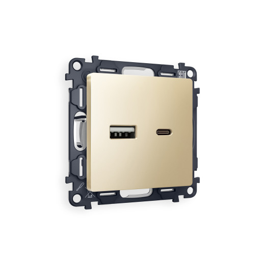 MA611010 Комплект механизма розетки ALFA Шампань 2USB A+C 20W (быстрая зарядка) QUANT (AP6110, VM177)