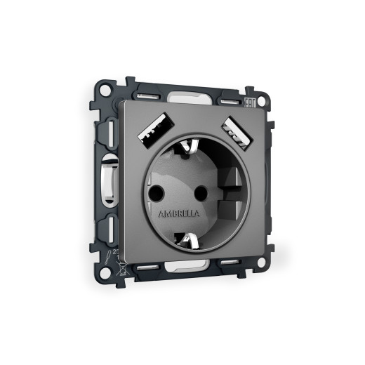 MA659010 Комплект механизма электрической розетки ALFA Антрацит серый 2USB A+A 18W (быстрая зарядка) с/з QUANT (AP6590, VM155)