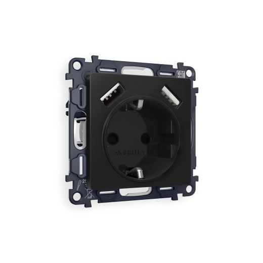 MA809010 Комплект механизма электрической розетки ALFA Черный матовый 2USB A+A 18W (быстрая зарядка) с/з QUANT (AP8090, VM155)