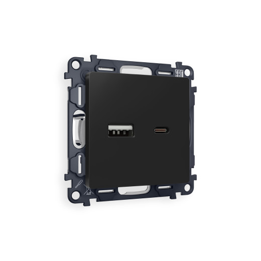 MA811010 Комплект механизма розетки ALFA Черный матовый 2USB A+C 20W (быстрая зарядка) QUANT (AP8110, VM177)
