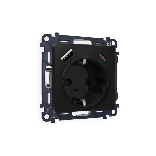 MA810010 Комплект механизма электрической розетки ALFA Черный матовый 2USB A+C 20W (быстрая зарядка) с/з QUANT (AP8100, VM160)