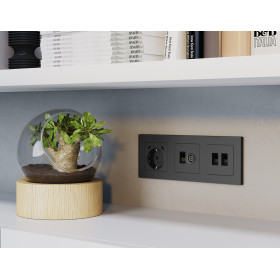 MA912110 Комплект механизма компьютерной двойной розетки RJ-45 с автоматической защитной шторкой ALFA Графит мягкое касание QUANT (AP9121, VM189)