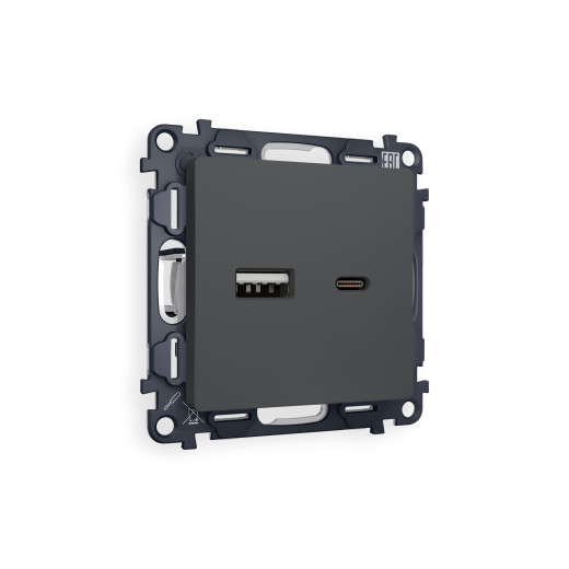 MA911010 Комплект механизма розетки ALFA Графит мягкое касание 2USB A+C 20W (быстрая зарядка) QUANT (AP9110, VM177)