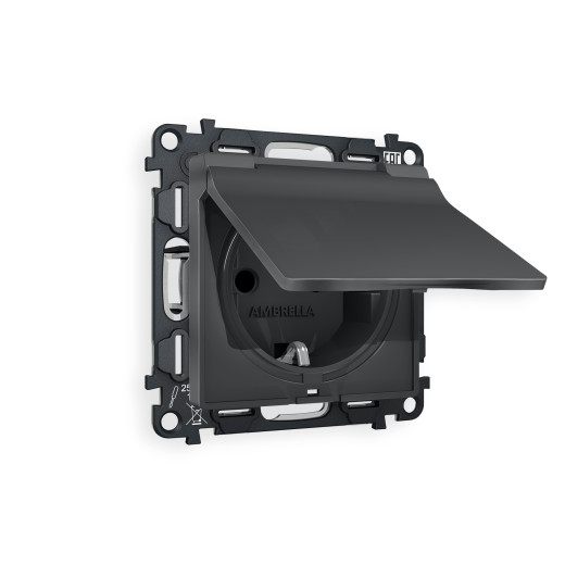 MA908010 Комплект механизма электрической розетки ALFA Графит мягкое касание с/з с шторками и крышкой IP44 QUANT (AP9080, VM141)