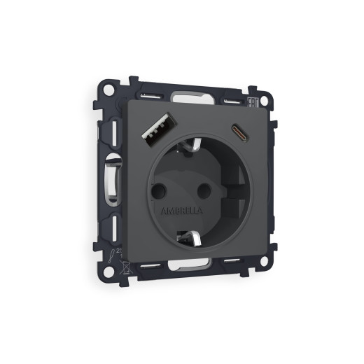 MA910010 Комплект механизма электрической розетки ALFA Графит мягкое касание 2USB A+C 20W (быстрая зарядка) с/з QUANT (AP9100, VM160)