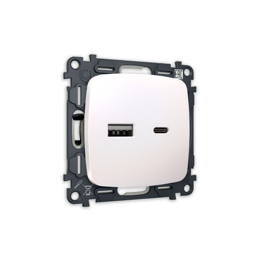 MO211010 Комплект механизма розетки OMEGA Жемчуг 2USB A+C 20W (быстрая зарядка) QUANT (OP2110, VM177)