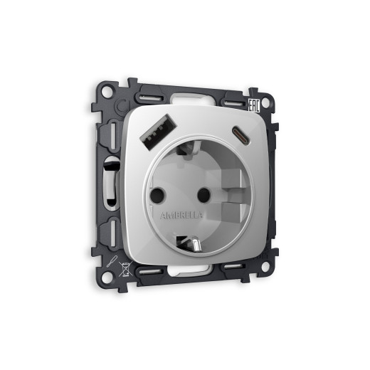 MO410010 Комплект механизма электрической розетки OMEGA Серебро глянец 2USB A+C 20W (быстрая зарядка) с/з QUANT (OP4100, VM160)