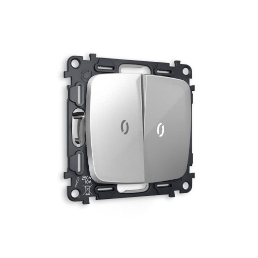 MO404015 Комплект механизма 2-кл выключателя с подсветкой 5600K OMEGA Серебро глянец QUANT (OP4040, VM115, G14W)