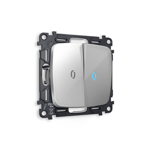 MO404040 Комплект механизма 2-кл проходного выключателя с подсветкой 10000K OMEGA Серебро глянец QUANT (OP4040, VM120, G29B)