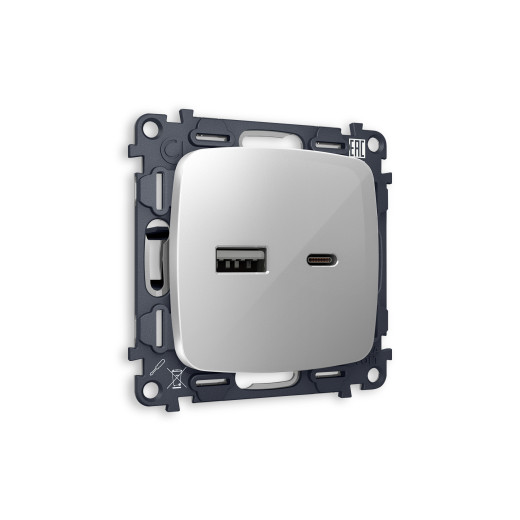 MO411010 Комплект механизма розетки OMEGA Серебро глянец 2USB A+C 20W (быстрая зарядка) QUANT (OP4110, VM177)