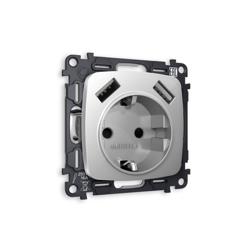 MO409010 Комплект механизма электрической розетки OMEGA Серебро глянец 2USB A+A 18W (быстрая зарядка) с/з QUANT (OP4090, VM155)