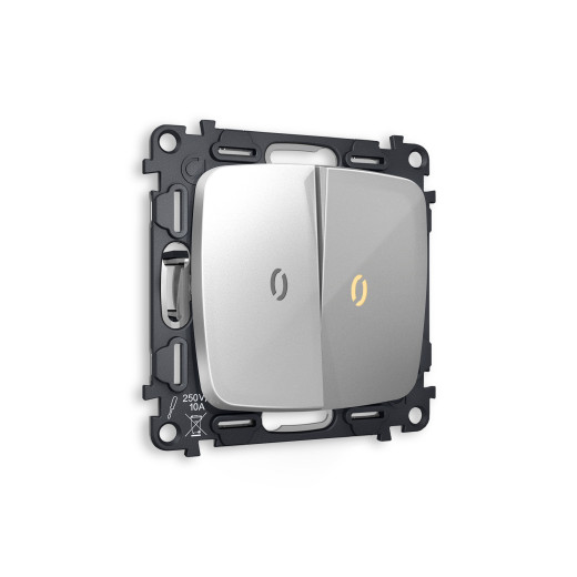 MO404010 Комплект механизма 2-кл выключателя с подсветкой 3200K OMEGA Серебро глянец QUANT (OP4040, VM115, G11Y)