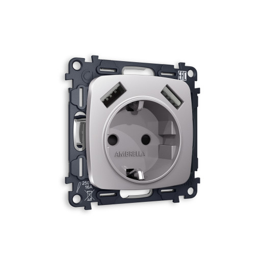 MO509010 Комплект механизма электрической розетки OMEGA Сталь матовый 2USB A+A 18W (быстрая зарядка) с/з QUANT (OP5090, VM155)