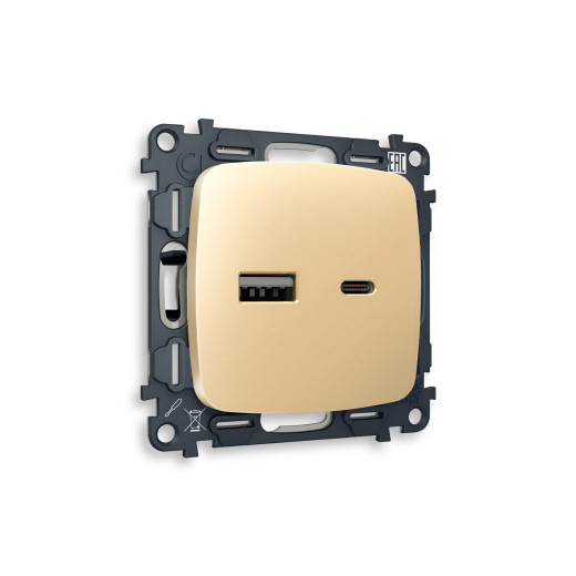 MO611010 Комплект механизма розетки OMEGA Шампань 2USB A+C 20W (быстрая зарядка) QUANT (OP6110, VM177)