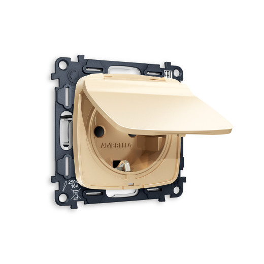 MO608010 Комплект механизма электрической розетки OMEGA Шампань с/з с шторками и крышкой IP44 QUANT (OP6080, VM141)