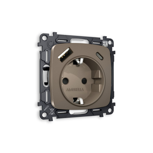 MO640010 Комплект механизма электрической розетки OMEGA Темная бронза матовый 2USB A+C 20W (быстрая зарядка) с/з QUANT (OP6400, VM160)