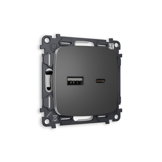 MO661010 Комплект механизма розетки OMEGA Антрацит серый 2USB A+C 20W (быстрая зарядка) QUANT (OP6610, VM177)