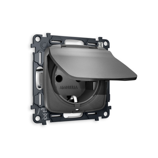 MO658010 Комплект механизма электрической розетки OMEGA Антрацит серый с/з с шторками и крышкой IP44 QUANT (OP6580, VM141)