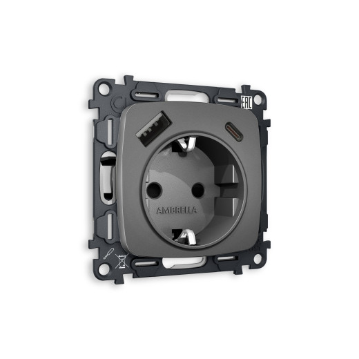 MO660010 Комплект механизма электрической розетки OMEGA Антрацит серый 2USB A+C 20W (быстрая зарядка) с/з QUANT (OP6600, VM160)