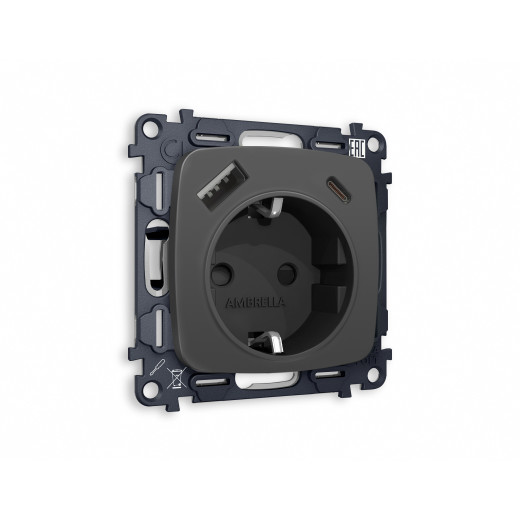 MO910010 Комплект механизма электрической розетки OMEGA Графит мягкое касание 2USB A+C 20W (быстрая зарядка) с/з QUANT (OP9100, VM160)