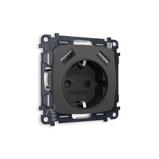 MO909010 Комплект механизма электрической розетки OMEGA Графит мягкое касание 2USB A+A 18W (быстрая зарядка) с/з QUANT (OP9090, VM155)